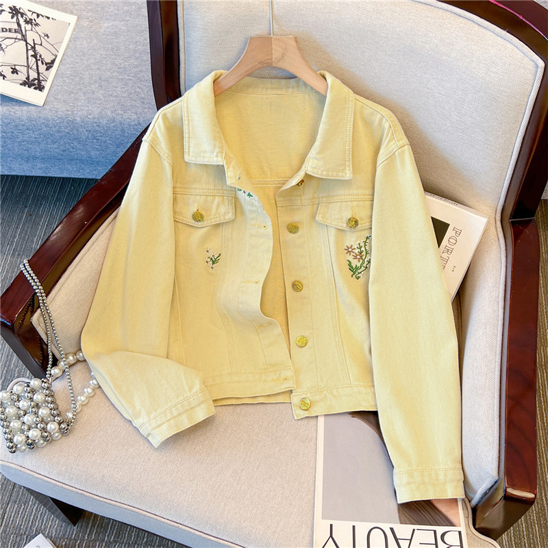 Embroidery Yellow Flower - Корейская винтажная джинсовая куртка с цветочной