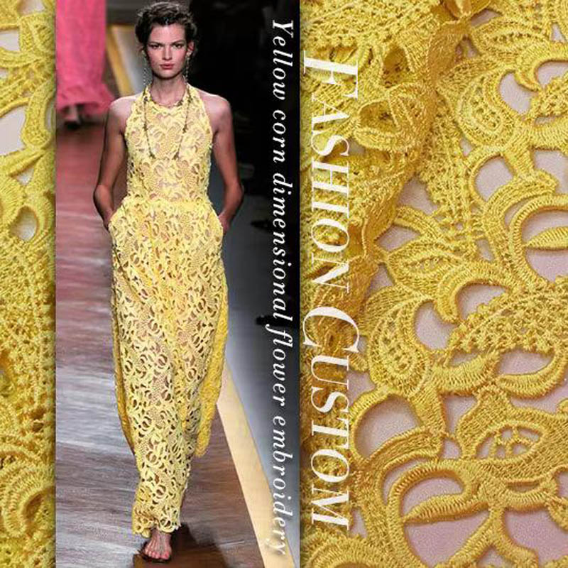 Embroidery Yellow Flower - Высококачественная кружевная ткань, желтая стерео вышивка,