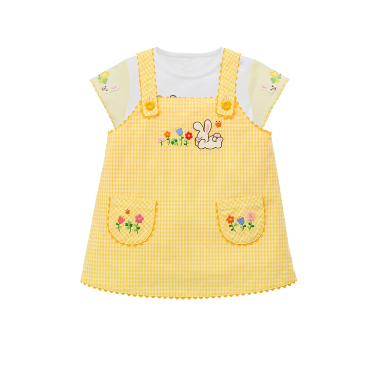 Embroidery Yellow Flower - Хлопковый комбинезон-платье в клетку с милым